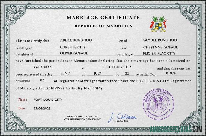 Em branco modelo PSD de certidão de casamento nas Maurícias